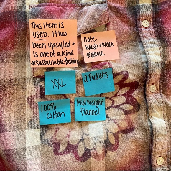 Boho Flannel Shirt Womens Plus Size XXL Reworked Floral Bleached Plaid Top Red - Picture 5 of 10